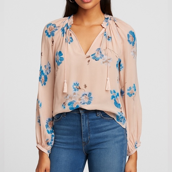 Ulla Johnson Sarna Silk Blouse Size 2 Floral Print Nude Pink Boho Romantic Blue - Picture 1 of 9